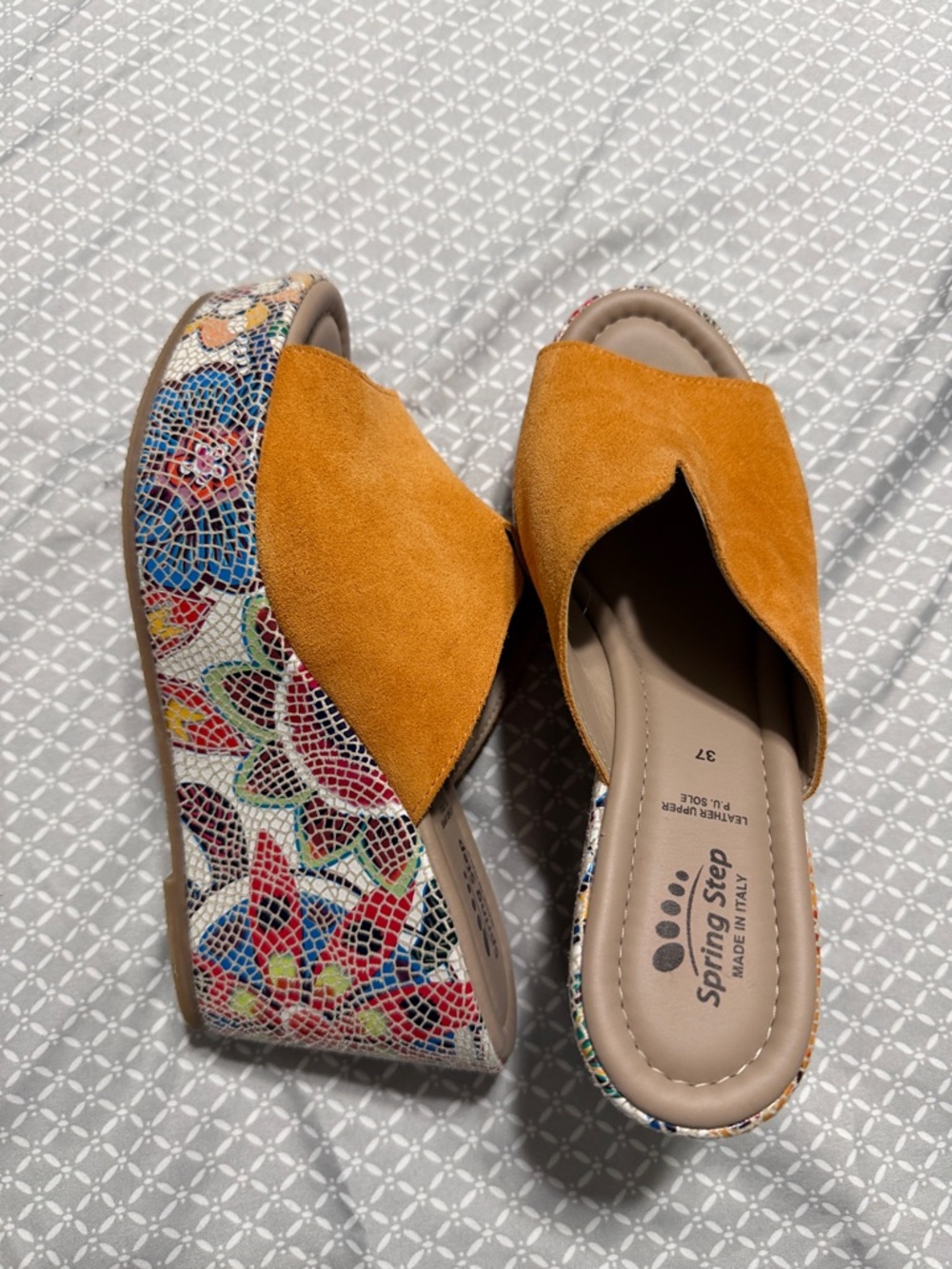 Spring Step Women's Suede Wedge Slides- Floral Cork Heel- Size 37
